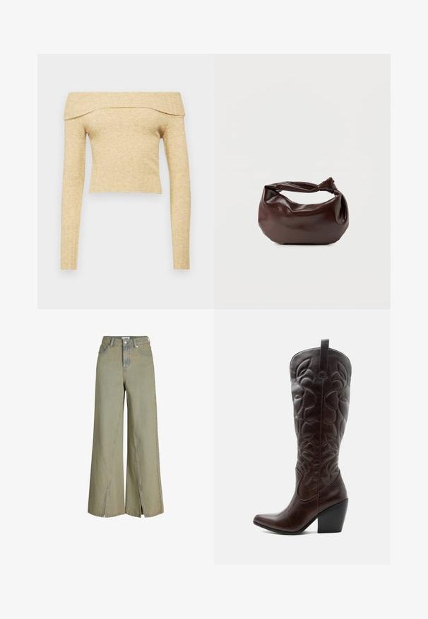 Off-the-shoulder, langærmet top i lys beige strikket stof med ribbet halsudskæring. Kort længde med blød tekstur.; Lysegrønne vide jeans lavet af denim, med høj talje, sideslids og klassiske lomme-detaljer.; Høj mørkebrun læder cowboystøvle med syede dekorative mønstre, spids tå og stablet blokhæle.; Mørkebrun læder skuldertaske med en blød, afslappet form og et snoet knudehåndtag på en ensartet hvid baggrund.