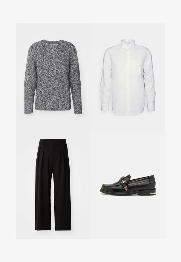 Grå og sort strikket sweater med rund hals, lange ærmer og ribbede manchetter, der har et struktureret, mønstret stof.; Langærmet hvid skjorte lavet af bomuld, med en knap-down krave, brystlomme og almindelig pasform. Struktureret stof med en glat overflade.; Sorte bukser med vid ben, der har en glat overflade, to frontplisseringer, knaplukning og sidelommer. Holdbart stof.; Sort læderloafer med sølv dekorativt hardware, en mokkasinstil overdel, detaljeret syning og en stakheel.