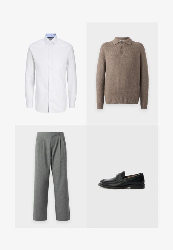 Pull en tricot marron avec un tissage texturé, doté d'un col et d'une patte de boutonnage à trois boutons. Manches longues avec des poignets en côte.; Chemise de ville blanche pour homme à manches longues avec un motif à carreaux subtil, col intérieur bleu, devant boutonné et col pointu.; Pantalons gris à jambes droites en tissu texturé, avec des plis à l'avant et une taille basique, sans poches visibles.; Mocassins en cuir noir avec une finition lisse, dotés d'une bande supérieure texturée, d'un talon bas et de détails de couture minimalistes.
