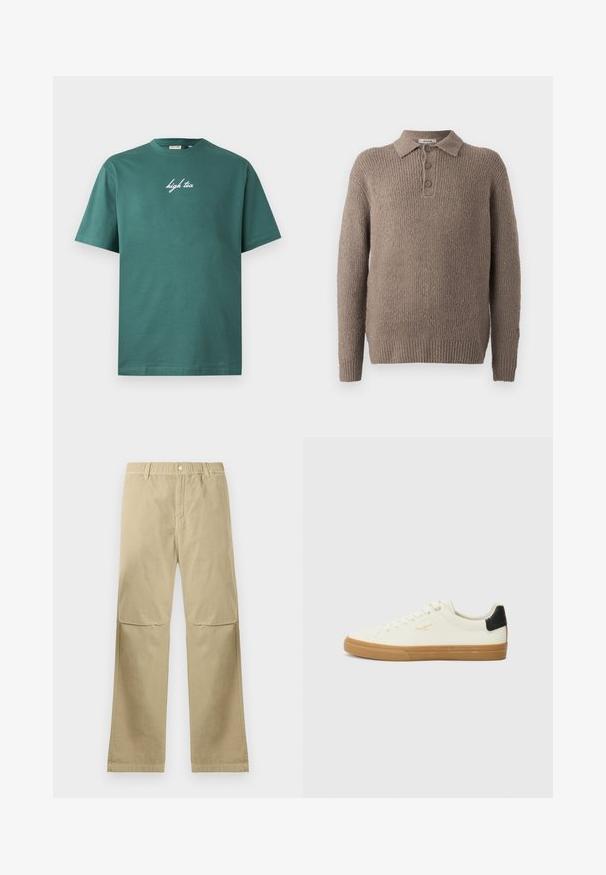 Suéter marrón de punto con un tejido texturizado, que cuenta con un cuello con solapa y una tapeta de tres botones. Mangas largas con puños acanalados.; Camiseta de algodón verde con escote redondo y mangas cortas. Presenta texto en cursiva blanca "high tea" en la parte frontal. Diseño sencillo, sin patrones.; Pantalones rectos beige con cierre de botón a presión, lazos para cinturón y detalles en la costura de la rodilla, dispuestos sobre un fondo blanco.; Zapatilla de lona blanca con suela de goma, acento negro en el talón, punta redonda y diseño con cordones. Presenta el logo de la marca en dorado en el lateral.
