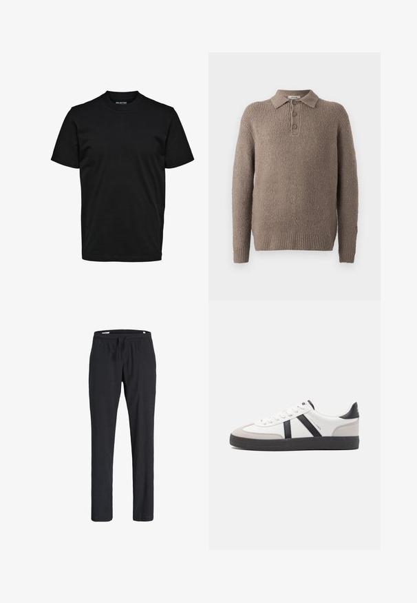 Brun strikket pullover med en tekstureret vævning, der har en krave og tre knaplukninger. Lange ærmer med ribbede manchetter.; Simpel sort T-shirt med korte ærmer, rund hals og almindelig pasform uden synlige mønstre eller logoer.; Sorte afslappede bukser med elastisk linning og snøre, lige ben pasform, lavet af blødt stof, vist på en hvid baggrund.; Hvide sneakers med sorte og grå detaljer, med en tekstureret grå tåhætte, sort gummisål og flade hvide snørebånd. Rent design, minimalistisk stil.