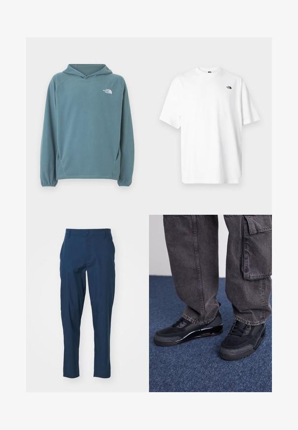 Blauer Fleece-Hoodie mit Kängurutasche, Kapuze mit Kordelzug und elastischen Bündchen. Auf der Brust befindet sich ein weißes Logo. Glatte Oberfläche.; Weißes Baumwoll-T-Shirt mit kurzen Ärmeln und V-Ausschnitt, mit einem kleinen schwarzen Logo auf der oberen linken Seite. Weiche Textur, lockere Passform.; Marineblaue Hose aus glattem Stoff, körpernahe Passform, mit Fronttaschen und einem knöpfbaren Verschluss an der Taille. Keine sichtbaren Muster.; Schwarze Sportschuhe mit einer strukturierten Oberfläche, glatten Akzenten und einer chunky Sohle, kombiniert mit dunklen, lässig sitzenden Cargo-Hosen.