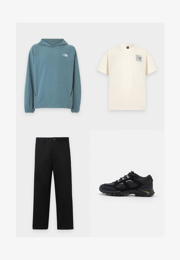 Sweat à capuche en polaire bleu avec une poche kangourou, une capuche avec cordon de serrage et des poignets élastiqués. Logo blanc sur la poitrine. Texture lisse.; T-shirt crème à manches courtes avec un petit motif graphique et le logo The North Face sur la poitrine gauche, présenté sur un fond uni.; Pantalon en coton noir coupe droite, avec une taille standard, des passants de ceinture et une fermeture à un bouton. Texture lisse, sans motifs.; Chaussure extérieure noire en daim et en maille avec une semelle robuste. Présente des accents gris et une marque Vibram sur le côté. Design à lacets.