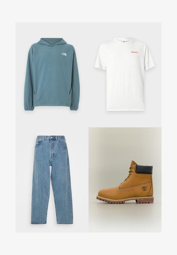 Blå fleecetrøje med kængurulomme, snøre i hætten og elastiske manchetter. Har hvidt logo på brystet. Glat tekstur.; Hvid T-shirt med korte ærmer og rund hals samt lille orange Timberland-logo på venstre bryst, vist på ensfarvet lys baggrund.; Lyseblå denim jeans med høj talje og afslappet pasform, der har to forlommer, en baglomme og knaplukning.; Brun læderankelstøvle med sort krave, gule snørebånd og tanfarvet sål. Har logo og hvide syninger som detalje. Robust ydersål med greb.