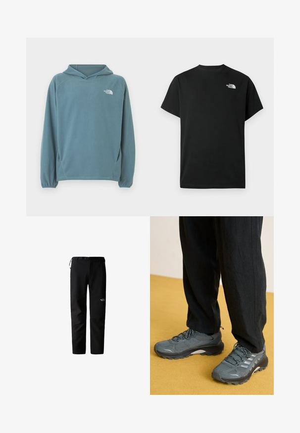 Blauwe fleece hoodie met een kangoeroezak, capuchon met trekkoord en elastische manchetten. Voorzien van een wit logo op de borst. Soepele textuur.; Zwart t-shirt met korte mouwen gemaakt van katoen. Voorzien van een wit logo op de linkerborst. Eenvoudige snit met een ronde halslijn en minimale ontwerpdetails.; Zwarte outdoorbroek met een strak ontwerp, gemaakt van een duurzame, lichtgewicht stof. Voorzien van een riem, zijzakken en een logo op de dij.; Grijze net- en synthetische sportschoenen met een opvallend profiel, reflecterende accenten en een vetersluiting, gecombineerd met losse zwarte broek.