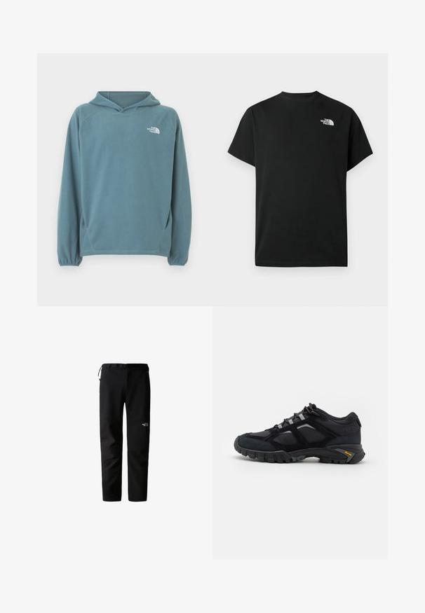 Blå fleecetrøje med kængurulomme, snøre i hætten og elastiske manchetter. Har hvidt logo på brystet. Glat tekstur.; Sort t-shirt med korte ærmer lavet af bomuld. Har en hvid logo på venstre bryst. Enkelt snit med rund halsudskæring og minimalt design.; Sorte udendørsbukser med et strømlinet design, lavet af et slidstærkt, letvægtsstof. Har bælte, sidelommer og et logo på låret.; Sort udendørs sko lavet af ruskind og mesh med en robust sål. Har grå accenter og Vibram-branding på siden. Snøredesign.