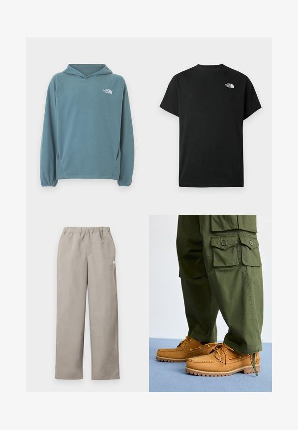 Sweat à capuche en polaire bleu avec une poche kangourou, une capuche avec cordon de serrage et des poignets élastiqués. Logo blanc sur la poitrine. Texture lisse.; T-shirt noir à manches courtes en coton. Présente un logo blanc sur le côté gauche de la poitrine. Coupe simple avec un col rond et des détails de design minimalistes.; Pantalon beige à jambe droite avec une ceinture élastique et un petit logo blanc sur la couture latérale droite.; Timberland AUTHENTIC 3 EYE - Chaussures bateau - wheat