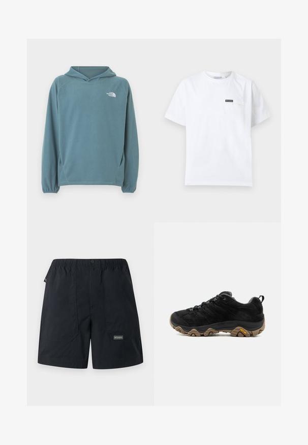 Sweat à capuche en polaire bleu avec une poche kangourou, une capuche avec cordon de serrage et des poignets élastiqués. Logo blanc sur la poitrine. Texture lisse.; T-shirt blanc à manches courtes et col rond avec petite poche poitrine ornée d'un écusson logo Columbia noir.; Shorts noirs légers avec taille élastique, poches avant, fermeture par bouton et petit logo Columbia sur la jambe inférieure droite.; Chaussure de randonnée noire avec semelle Vibram marron robuste, dessus en mesh et en daim, design à lacets et languette arrière, vue de côté extérieur.