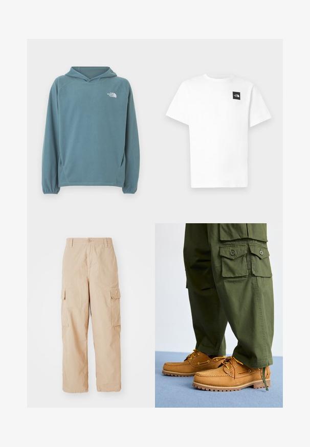Blå fleecetrøje med kængurulomme, snøre i hætten og elastiske manchetter. Har hvidt logo på brystet. Glat tekstur.; Hvid bomulds-T-shirt med korte ærmer, der har et sort firkantet logo på venstre bryst og rund halsudskæring.; Beige cargo bukser med afslappet pasform, lavet af letvægtsstof, med to sidelommer og en knaplukning i taljen.; Timberland AUTHENTIC 3 EYE - Sejlersko - wheat