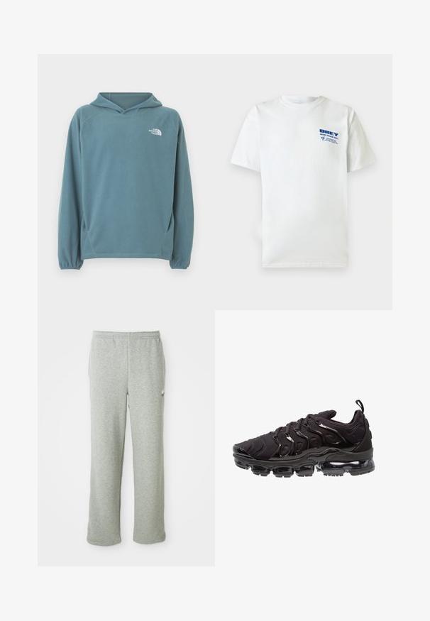 Blauer Fleece-Hoodie mit Kängurutasche, Kapuze mit Kordelzug und elastischen Bündchen. Auf der Brust befindet sich ein weißes Logo. Glatte Oberfläche.; Weißes T-Shirt mit kurzen Ärmeln, rundem Halsausschnitt und blauem "OBEY Sound Design Dept"-Schriftzug sowie kleinem Grafikmotiv auf der linken Brust.; Graue Jogginghose aus weichem Baumwollmischgewebe, mit elastischem Bund, geradem Bein und kleinem Logo auf der linken Seite.; Schwarze Sportschuhe mit einem strukturierten Obermaterial aus Stoff, glänzenden Akzenten und einer ausgeprägten Luftpolstersohle. Verfügt über auffällige wellenartige Designelemente.