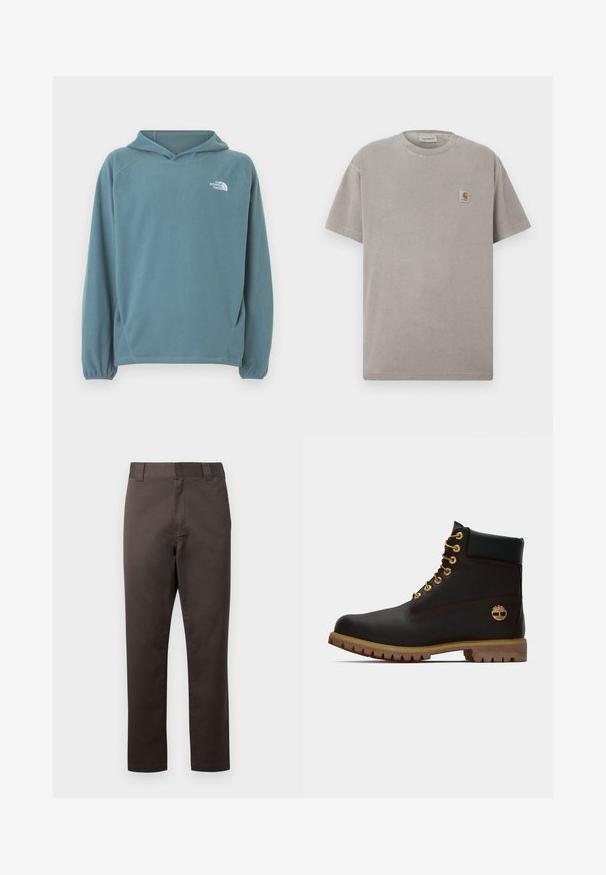 Sweat à capuche en polaire bleu avec une poche kangourou, une capuche avec cordon de serrage et des poignets élastiqués. Logo blanc sur la poitrine. Texture lisse.; T-shirt en coton gris à manches courtes, col rond, avec une petite écusson carré sur le côté gauche de la poitrine. Texture lisse et coupe décontractée.; Chinos en coton marron avec une coupe droite, poches avant, passants pour ceinture, et une texture lisse. Aucun motif ou accent visible.; Bottine noire en cuir avec œillets dorés, accents marron et semelle en caoutchouc. Comprend un col rembourré et un logo estampé sur le côté.