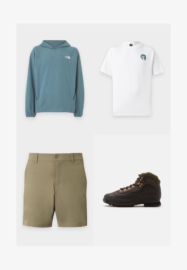 Sweat à capuche en polaire bleu avec une poche kangourou, une capuche avec cordon de serrage et des poignets élastiqués. Logo blanc sur la poitrine. Texture lisse.; T-shirt blanc à manches courtes avec un petit motif de tasse verte et le logo "The North Face" sur la poitrine gauche.; Shorts chinos couleur kaki avec passants pour ceinture, fermeture à bouton sur le devant et poches latérales sur un fond clair uni.; Botte de randonnée en cuir brun avec un col en tissu vert. Présente des crochets métalliques pour les lacets, une semelle en caoutchouc et un motif texturé pour l'adhérence.