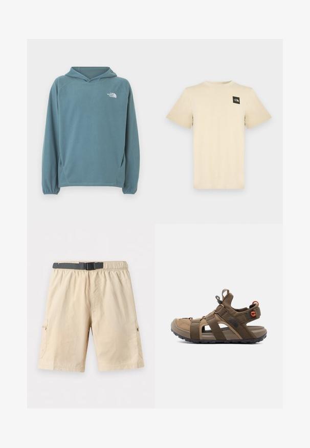 Sweat à capuche en polaire bleu avec une poche kangourou, une capuche avec cordon de serrage et des poignets élastiqués. Logo blanc sur la poitrine. Texture lisse.; T-shirt beige à manches courtes en coton, avec un petit logo carré noir sur la partie supérieure gauche de la poitrine. Col rond simple.; Shorts cargo beige longueur genou avec taille élastique, ceinture noire réglable à boucle, et poches latérales zippées sur un fond clair.; Sandale d'extérieur marron avec bout fermé, brides réglables, semelle rembourrée et boucles d'attache sur la languette et le talon.
