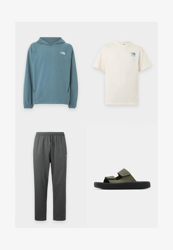Sudadera azul de forro polar con bolsillo tipo canguro, capucha con cordón y puños elásticos. Presenta un logo blanco en el pecho. Textura suave.; Camiseta de manga corta color blanco hueso con cuello redondo y pequeño logotipo de The North Face en negro y azul en el pecho izquierdo.; Pantalones deportivos de forro polar de color gris oscuro con cintura elástica y cordón, con un pequeño logo en el muslo derecho.; Chanclas de goma verdes con dos correas ajustables y una suela negra texturizada con un patrón de banda. Logo de la marca visible en la correa.