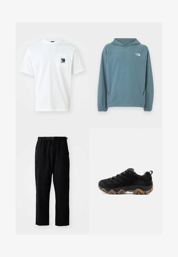 Sudadera azul de forro polar con bolsillo tipo canguro, capucha con cordón y puños elásticos. Presenta un logo blanco en el pecho. Textura suave.; Camiseta de algodón blanca de manga corta, que presenta un bolsillo en el pecho con un gráfico a color de montañas y el texto "THE NORTH FACE."; Pantalones negros y ligeros con corte recto, cintura elástica, cinturón ajustable y parches reforzados en las rodillas. Sin patrones ni detalles visibles.; Zapato de senderismo negro con suela Vibram marrón rugosa, parte superior de malla y ante, diseño con cordones y lengüeta trasera, mostrado desde el lado exterior.