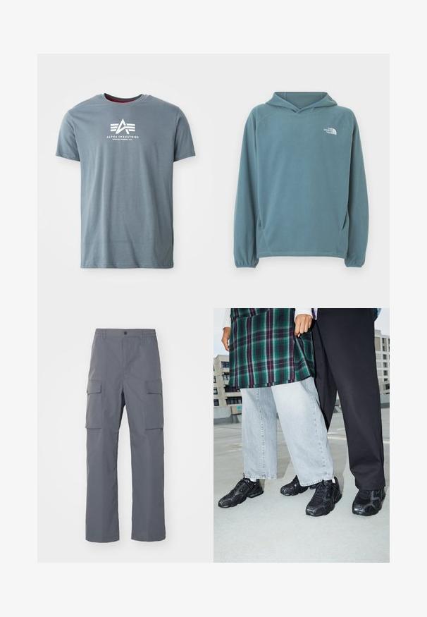 Blå fleecetrøje med kængurulomme, snøre i hætten og elastiske manchetter. Har hvidt logo på brystet. Glat tekstur.; Grå bomulds t-shirt med rund halsudskæring og korte ærmer. Forsiden viser et hvidt logo med trekantet design og tekst.; Grå cargo-bukser lavet af holdbart stof. Funktioner inkluderer en elastisk talje, to store sidelommer og en lige benudskæring.; Sorte atletik sko med mesh- og gummidetaljer. Båret med lysegrå vide jeans og en ternet grøn bluse. Flad overflade i baggrunden.