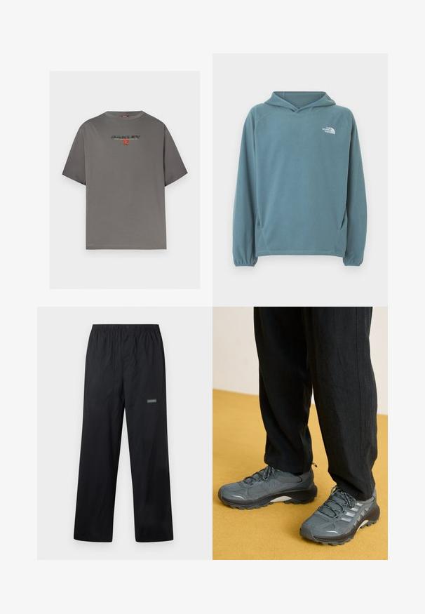 Sweat à capuche en polaire bleu avec une poche kangourou, une capuche avec cordon de serrage et des poignets élastiqués. Logo blanc sur la poitrine. Texture lisse.; T-shirt gris à manches courtes avec le logo "OAKLEY" et un petit graphisme rouge centré sur la poitrine, présenté sur un fond blanc uni.; Pantalon d'extérieur léger noir avec taille élastique, bouton à l'avant, deux poches avant et petit logo Columbia sur la cuisse droite.; Baskets de sport grises en mesh et synthétique avec un profil de semelle prononcé, des accents réfléchissants et un design à lacets, associées à un pantalon noir ample.