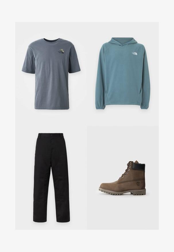 Blauwe fleece hoodie met een kangoeroezak, capuchon met trekkoord en elastische manchetten. Voorzien van een wit logo op de borst. Soepele textuur.; Grijze t-shirt met korte mouwen van katoen, voorzien van een klein geborduurd logo en bloemenpatroon op de linkerborst.; Zwarte broek van stevig materiaal, met een relaxte pasvorm, wijde pijpen, steekzakken en versterkte kniestukken.; Bruine leren enkelboot met zwarte kraag, metalen veterogen en een robuuste grijze zool. Beschikt over een logo aan de zijkant en gestikte details.