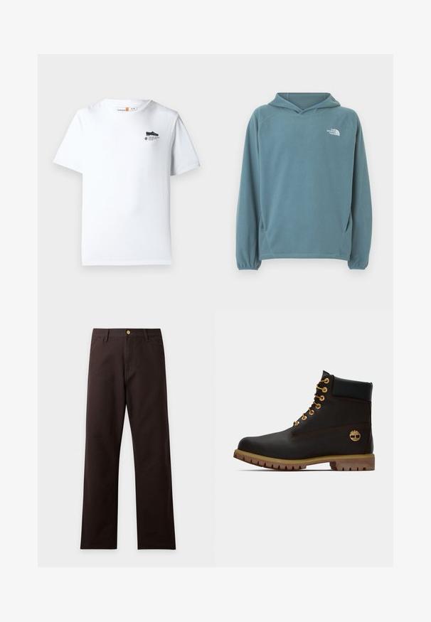 Blå fleecetrøje med kængurulomme, snøre i hætten og elastiske manchetter. Har hvidt logo på brystet. Glat tekstur.; Hvid bomulds t-shirt med rund hals, korte ærmer og et lille sort grafik på brystet. Blød tekstur og standard pasform.; Mørkebrune bukser med lige ben, forlommer, knappe lukning og bæltestropper, vist på en ensartet lys baggrund.; Sorte læder ankelstøvle med gyldne øjer, brune detaljer og gummisål. Har en polstret krave og præget logo på siden.