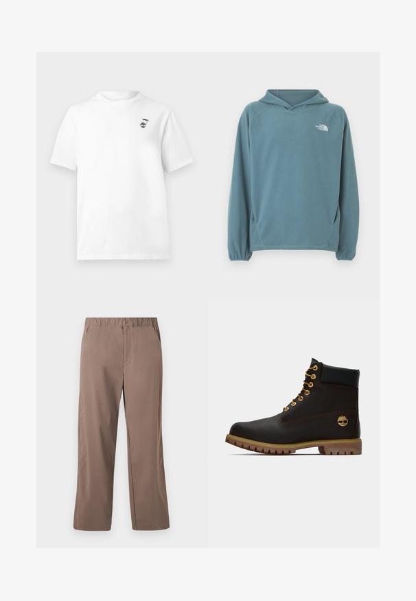 Sweat à capuche en polaire bleu avec une poche kangourou, une capuche avec cordon de serrage et des poignets élastiqués. Logo blanc sur la poitrine. Texture lisse.; T-shirt blanc à manches courtes avec col rond et petit motif noir d'une crevette au-dessus d'une plante sur le côté gauche de la poitrine.; Pantalon marron à jambes droites, coupe ample, avec ceinture élastique et fermeture par bouton, poches avant, et texture de tissu lisse.; Bottine noire en cuir avec œillets dorés, accents marron et semelle en caoutchouc. Comprend un col rembourré et un logo estampé sur le côté.