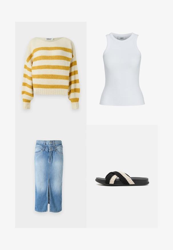 Creme- og sennepsstribet sweater med bred bådhals, ribbede manchetter og kant. Blød tekstur, cropped design og løs pasform.; Hvid ribbet tanktop med en rund udskæring og ærmeløst design. Har en slim fit og blød tekstur, velegnet til lagpåsætning.; Lyseblå denimnederdel med en frontslids, to-knap lukning, høj talje og standard fem-lomme design. Glat tekstur, mellemlang.; Sort og creme vævet slide sandal med en flad gummisål, der har to krydsede fletsandaler lavet af blødt, tekstureret materiale.