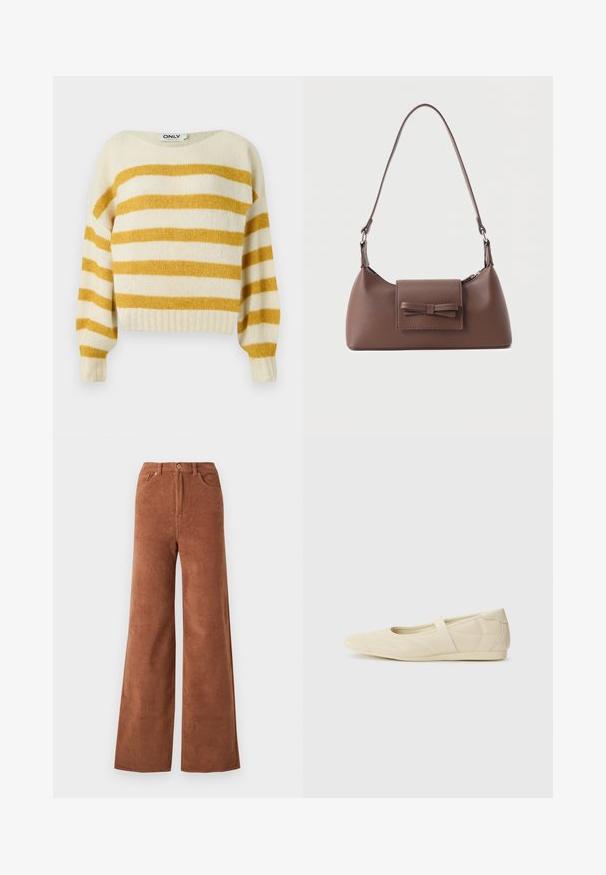 Pull à rayures crème et moutarde avec un large col bateau, des poignets et un ourlet côtelés. Texture douce, design cropped et coupe ample.; Pantalons en velours côtelé à jambes larges dans une riche couleur brune, dotés de côtes verticales, de poches avant et d'une fermeture à bouton à la taille.; Ballerines beiges avec une exterior en cuir lisse, un bout en forme d'amande et une sangle élastique sur le coup de pied, avec des détails de couture subtils.; Sac à bandoulière en cuir marron avec une poche à rabat avant ornée d'un détail en forme de nœud cousu et une sangle réglable.