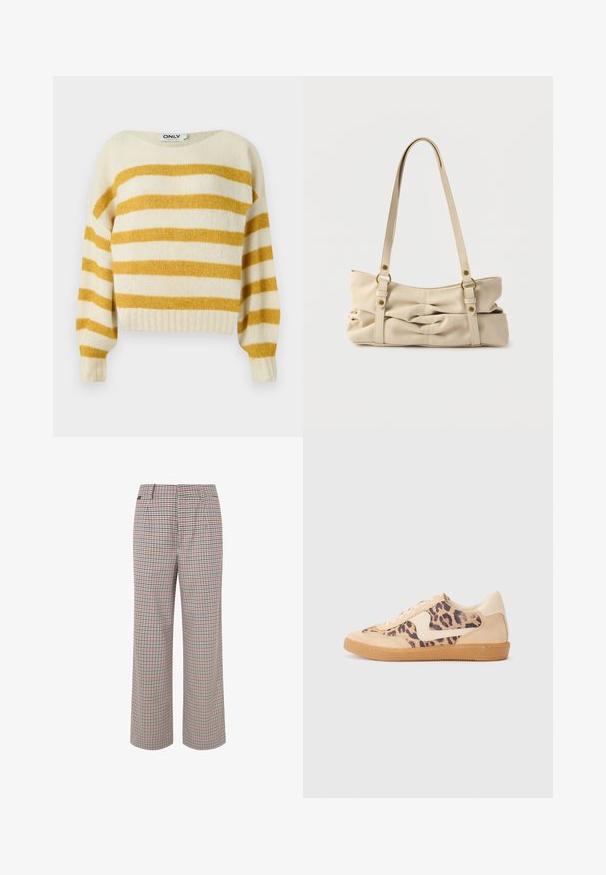 Creme- og sennepsstribet sweater med bred bådhals, ribbede manchetter og kant. Blød tekstur, cropped design og løs pasform.; Tjekkede bukser i beige, rød og marineblå. Bred ben-design med skræddersyet talje og plisseringer, der har en tekstureret stoffinish.; Leopardprint sneakers med beige ruskindsoverdel, tan gummisål og hvide detaljer. Rund pegefinger og snørebåndsdesign med en tekstureret finish.; Beige håndtaske i kunstlæder med to lange stropper, rynket tekstur og messing hardware-detaljer. Designet med en bred, blød form.