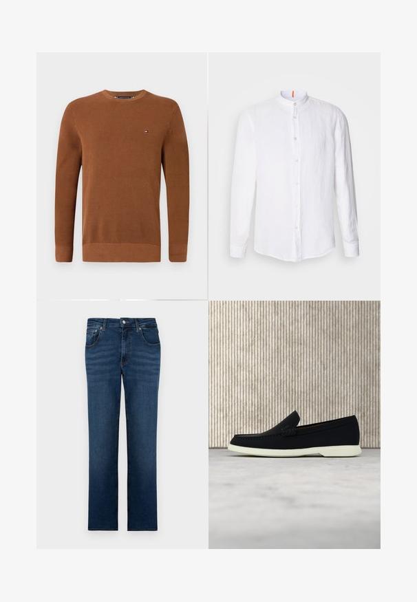 Suéter de punto marrón con cuello redondo, tejido texturizado, puños y dobladillo acanalados, que presenta un pequeño logo en el lado izquierdo del pecho.; Camisa de lino blanca con cuello mao, cierre frontal de botones, mangas largas y una textura sutil. Destaca un acento naranja en el cuello.; Jeans de denim azul oscuro con diseño de pierna recta, cinco bolsillos y costuras sutiles. Cierre de botón de metal en la cintura. Textura uniforme.; Zapato negro sin cordones con puntera redondeada, que presenta una parte superior texturizada, suela blanca lisa y un discreto detalle de marca en el lateral.