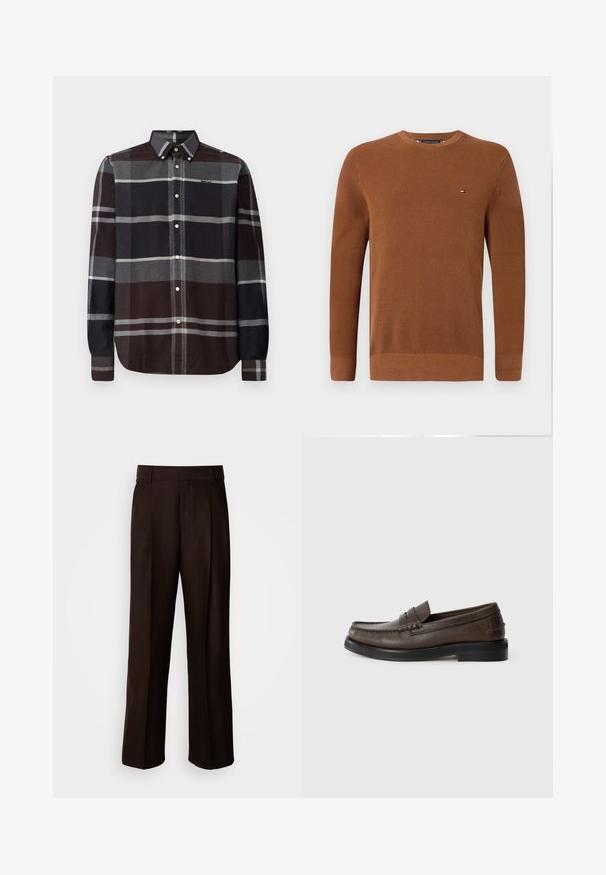 Brauner Strickpullover mit Rundhalsausschnitt, strukturiertem Stoff, Rippbündchen und -saum, mit einem kleinen Logo auf der linken Brust.; Barbour ICELOCH TAILORED TARTAN - Hemd - midnight oak; Braune maßgeschneiderte Hose mit geradem Bein, versehen mit einer vorderen Falte, glatter Textur und klassischem Bund. Geeignet für formelle Anlässe.; Brauner Lederloafer mit einer genähten Detailverzierung auf der Schuhspitze, flacher Sohle und niedrigem, gestapeltem Absatz. Glatte Textur mit minimalistischem Design.