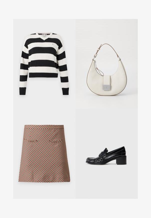 Pull en maille rayé noir et blanc avec col en V, manches longues et ourlet côtelé. Présente un petit logo sur la poitrine.; Jupe courte en tartan avec un motif à carreaux en rouge, noir et crème. Elle a une texture lisse et deux poches avant.; Mocassins en cuir noir avec un devant froncé, bout rond et un talon carré. Présentent une bande décorative et des détails de couture le long des bords.; Sac à main en cuir blanc avec une forme arquée, accents marron contrastants, fermoir en argent et finition texturée. Dispose d'une seule bandoulière.