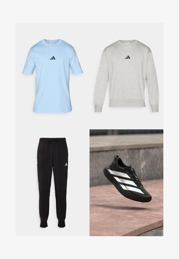 Šedá mikina vyrobená zo zmiešaného bavlneného materiálu, s rebrovanými manžetami a spodným lemom, s malým čiernym logom Adidas na hrudi. Klasický dizajn s okrúhlym výstrihom.; Svetlomodré bavlnené tričko s krátkymi rukávmi a okrúhlym výstrihom. Na hrudi sa nachádza malé čierne logo Adidas. Mäkka textúra.; Čierne športové nohavice z mäkkej tkaniny, s pásom na šnúrku a bielymi bočnými pruhmi. Elastické manžety pri členkoch.; Čierna športová obuv s bielym dizajnom troch pruhov, čiernymi šnúrkami a hrubou podrážkou, ktorá je zavesená nad kamenným povrchom vonku.