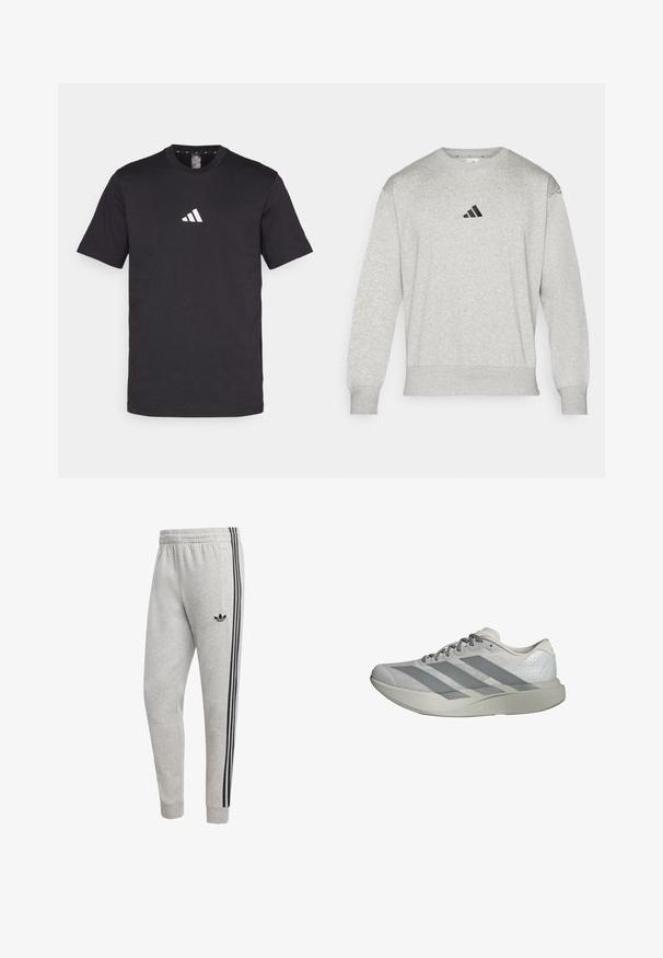 Grijze sweatshirt van een katoenmix, met ribbels aan de manchetten en onderkant, en een klein zwart Adidas-logo op de borst. Klassiek ontwerp met ronde hals.; Zwarte katoenen T-shirt met korte mouwen, voorzien van een wit Adidas-logo op de borst. Klassiek ontwerp met ronde hals.; Grijze katoenen joggingbroek met taps toelopende pasvorm, voorzien van zwarte zijstrepen en een klein zwart logo op het bovenbeen. Elastische tailleband voor comfort.; Lichtgrijze Adidas hardloopschoen met donkergrijze strepen, vetersluiting en dikke, gevoerde zool, zijaanzicht op witte achtergrond.