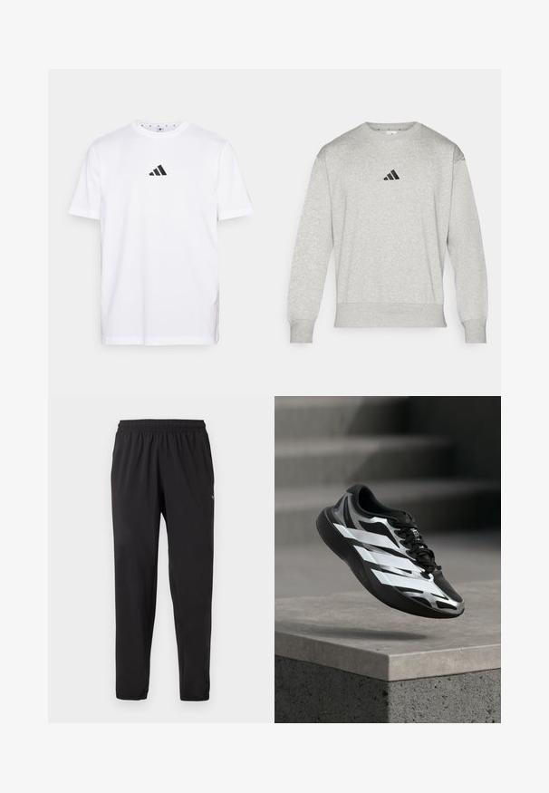 Huppari, joka on valmistettu puuvillasekoitekankaasta, jossa on ribbireunat hihansuissa ja helmassa, sekä pieni musta Adidas-logo rinnassa. Klassinen pyöreä kaula-aukkosuunnittelu.; Valkoinen puuvillapaita, jossa on pieni musta kolmiomainen logo rinnassa, lyhyet hihat ja pyöreä pääntie. Yksinkertainen ja klassinen muotoilu.; Mustat urheiluhousut, joissa joustava vyötärö ja resorit lahkeissa, hillitty logo vasemman reiden yläosassa, suora lahkeen malli.; Musta ja hopeanvärinen urheilukenkä valkoisilla raidoilla ilmassa betonisen reunuksen yläpuolella, portaiden askelmat taustalla sumeina.