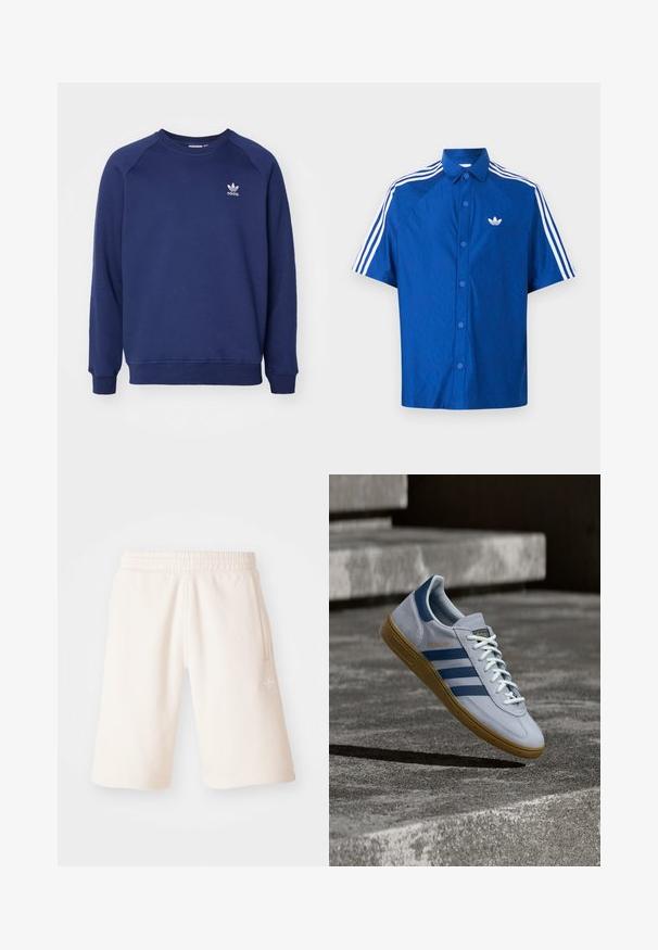 Tumesinine dressipluus pehmest kangast, millel on ümmargune kaelus, raglanvarrukad ja väike valge adidas logo rinnal.; Sinine lühikeste varrukatega nööpide ja valge Adidas logo rinnal ning kolm valget triipu, mis kulgevad mööda õlgu ja varrukaid.; Kreemivärvi puuvillased lühikesed püksid, millel on kummist vöökoht, küljetaskud ja hõrk logo vasakul jalal. Sile tekstuur ja põlveni ulatuv disain.; Helehall Adidas Spezial toss tumedasiniste triipude ja kummipõhjaga, kujutatud õhus betooniastmete kohal neutraalses välistingimustes.