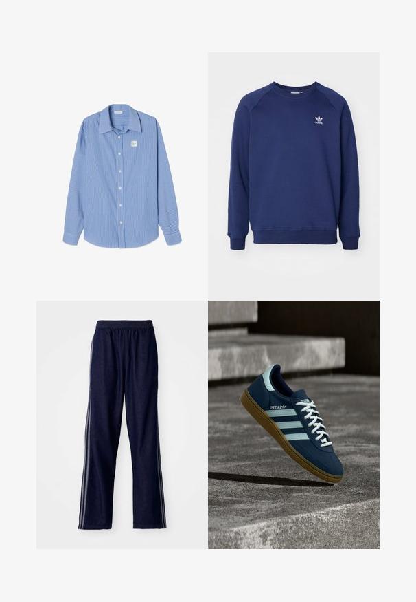 Sudadera de color azul marino hecha de tela suave, con cuello redondo, mangas raglán y un pequeño logo blanco de adidas en el pecho.; Camisa de manga larga a rayas verticales en azul y blanco, con cuello puntiagudo, botones frontales y un pequeño parche con logo cuadrado en el pecho izquierdo.; Pantalones deportivos azul marino con cintura elástica, que presentan tres franjas laterales blancas y un diseño de pierna recta. Textura de mezclilla suave.; Zapatilla azul Adidas Spezial con rayas y cordones blancos, suela de goma, flotando sobre una superficie de hormigón rugosa y escaleras de fondo.