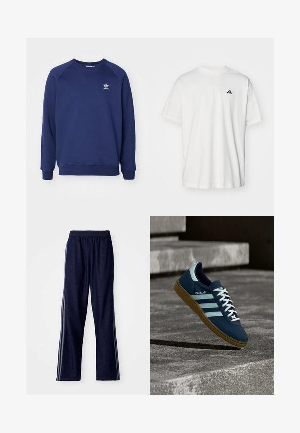 Dunkelblauer Sweatshirt aus weichem Stoff, mit Rundhalsausschnitt, Raglanärmel und kleinem weißen adidas-Logo auf der Brust.; Weißes Baumwoll-T-Shirt mit kurzen Ärmeln, Rundhalsausschnitt und kleinem schwarzem Adidas-Logo auf der linken Brust. Weicher Stoff, lässige Passform.; Marineblaue Sporthosen mit einem elastischen Bund, ausgestattet mit drei weißen seitlichen Streifen und einem geraden Bein. Weicher Denim-Look.; Blauer Adidas Spezial Sneaker mit weißen Streifen und Schnürsenkeln, Gummisohle, schwebend über rauer Betonoberfläche und Treppen im Hintergrund.