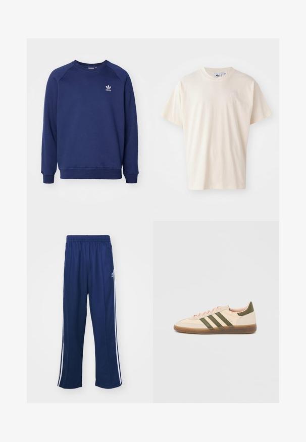 Tumesinine dressipluus pehmest kangast, millel on ümmargune kaelus, raglanvarrukad ja väike valge adidas logo rinnal.; Kreemist puuvillast T-särk, millel on ümar kaelus ja lühikesed varrukad; esiküljel on väike, heledavärviline logo.; Tumed sinised spordipüksid lõdva lõikega, valgete külgtriipudega ja elastse vöökoha ning sileda kangaga, ilma nähtavate mustrite või lisadega.; Madalprofiilne beež Adidas Spezial toss rohelist värvi triipude, kummist tallaga ja "SPEZIAL" brändinguga küljel, nähtav välisküljelt.
