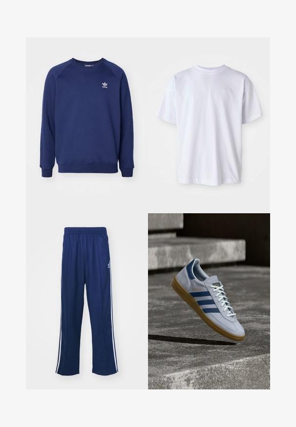 Dunkelblauer Sweatshirt aus weichem Stoff, mit Rundhalsausschnitt, Raglanärmel und kleinem weißen adidas-Logo auf der Brust.; Weißes Baumwoll-T-Shirt mit Rundhalsausschnitt und kurzen Ärmeln. Verfügt über ein dezentes Logo, das in passender Farbe auf der linken Brust gestickt ist.; Marineblaue Sporthosen mit einem lockeren Schnitt, ausgestattet mit weißen seitlichen Streifen und einem elastischen Bund. Glattes Material, keine sichtbaren Muster oder Beschläge.; Hellblauer Adidas Spezial Sneaker mit dunkelblauen Streifen und Gummisohle, in der Luft über Betontreppen in neutralem Außenbereich gezeigt.