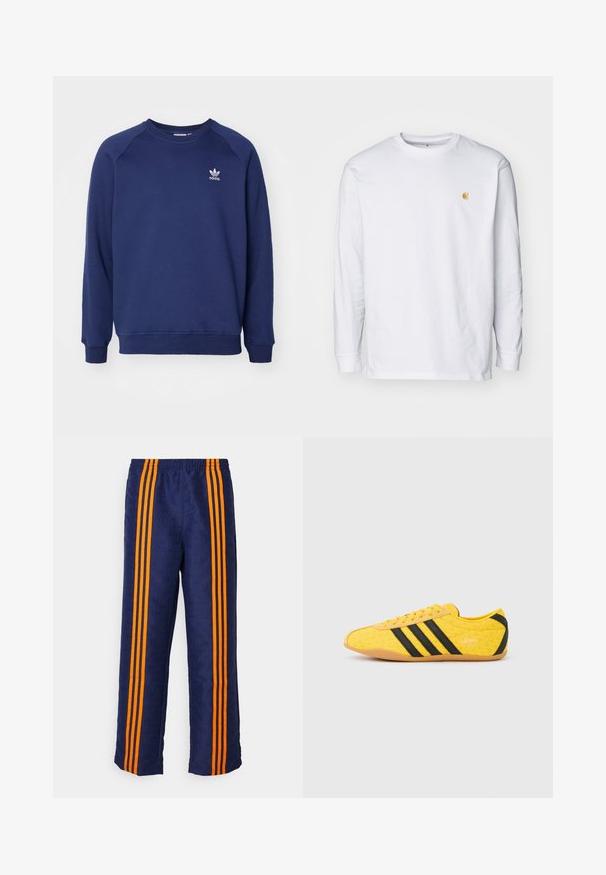 Tmavomodrá mikina vyrobená z mäkkého materiálu, s klasickým okrúhlym výstrihom, raglánovými rukávmi a malým bielym logom adidas na hrudi.; Biely tričko s dlhým rukávom z bavlny. Na hrudi má malé zlaté logo a okrúhly výstrih. Jednoduchý dizajn a štandardný strih.; Námornícke modré nohavice s celoplošnou vzorovanou textúrou a tromi výraznými oranžovými pruhmi na každej strane. Elastická pásová časť v hornej časti.; Žltá športová obuv s textúrovaným zvrškom, s čiernymi pruhmi a logom. Zaoblená špička, mäkká podrážka a vzor v tvare cik-cak na materiáli.