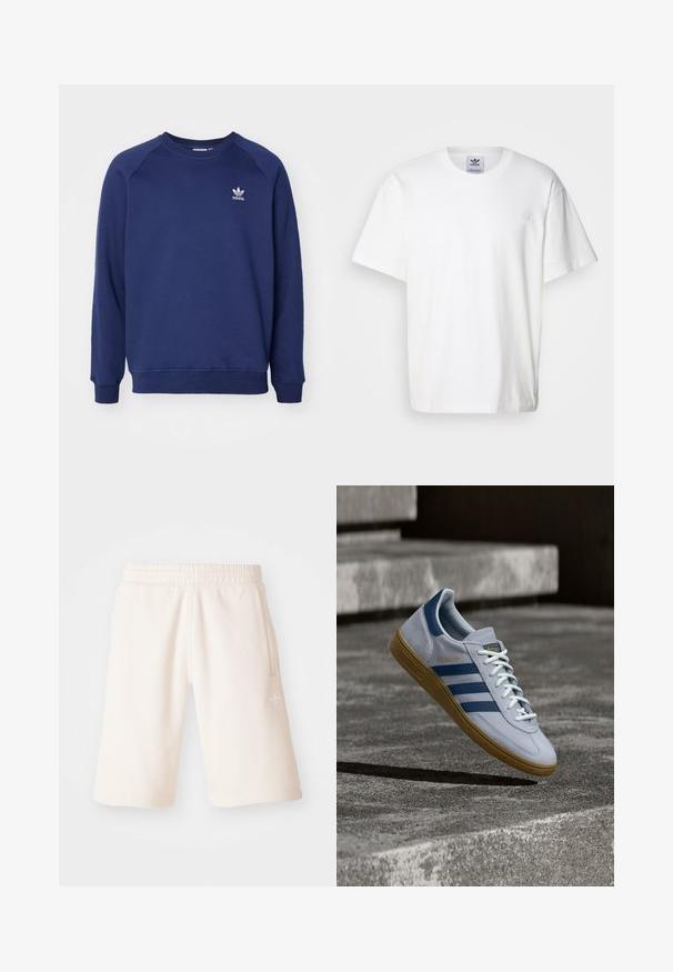 Sudadera de color azul marino hecha de tela suave, con cuello redondo, mangas raglán y un pequeño logo blanco de adidas en el pecho.; Camiseta de algodón blanca con cuello redondo y mangas cortas. Presenta un pequeño logotipo bordado en el pecho. Diseño simple y clásico.; Pantalones cortos de algodón color crema con cintura elástica, bolsillos laterales y un logotipo sutil en la pierna izquierda. Textura suave y diseño hasta la rodilla.; Zapatilla Adidas Spezial azul claro con rayas azul marino y suela de goma, mostrada en el aire sobre escalones de hormigón en un entorno exterior neutral.