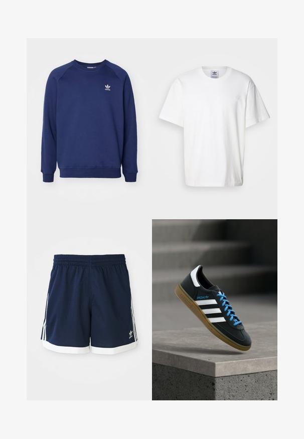 Sudadera de color azul marino hecha de tela suave, con cuello redondo, mangas raglán y un pequeño logo blanco de adidas en el pecho.; Camiseta de algodón blanca con cuello redondo y mangas cortas. Presenta un pequeño logotipo bordado en el pecho. Diseño simple y clásico.; Pantalones cortos deportivos de Adidas azul marino con ribete blanco y tres rayas blancas a cada lado, cinturilla elástica.; Zapatilla negra Adidas con franjas blancas, cordones azules y suela de goma flotando sobre un escalón de hormigón gris con luz suave.