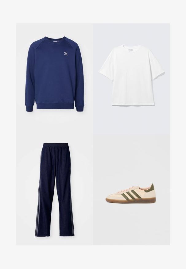 Sötétkék pulóver, puha anyagból készült, kerek nyakkivágással, raglán ujjaival, és egy kis fehér adidas logóval a mellrészen.; Fehér, túlméretezett, rövid ujjú kerek nyakú póló lehajtott vállal, világosszürke háttéren fekve.; Tengeri kék sportnadrág rugalmas derékkal, három fehér oldalsávval és egyenes lábformával. Puha farmer textúra.; Alacsony profilú bézs Adidas Spezial sneaker zöld csíkokkal, gumitalppal és az oldalán "SPEZIAL" felirattal, a külső oldalról ábrázolva.