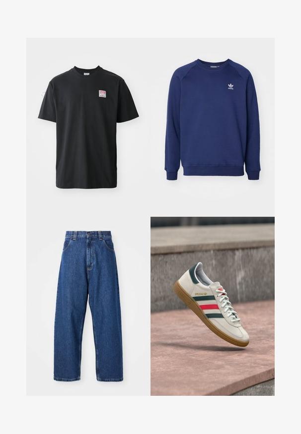 Marineblauwe sweatshirt gemaakt van zacht materiaal, met een ronde hals, raglanmouwen en een klein wit adidas-logo op de borst.; Zwarte katoenen t-shirt met ronde hals, korte mouwen en een klein gekleurd label op de linkerkant van de borst met het woord "SUPERIOR."; Denim wijde broek in donkerblauw. Kenmerken zijn een hoge taille, riemlussen en een klassiek vijf-pocket ontwerp. Gestikte zoom met een schone afwerking.; Witte Adidas sneaker met groene en rode strepen, rubberen zool en "SPEZIAL" branding die boven een stenen bestrating zweeft.