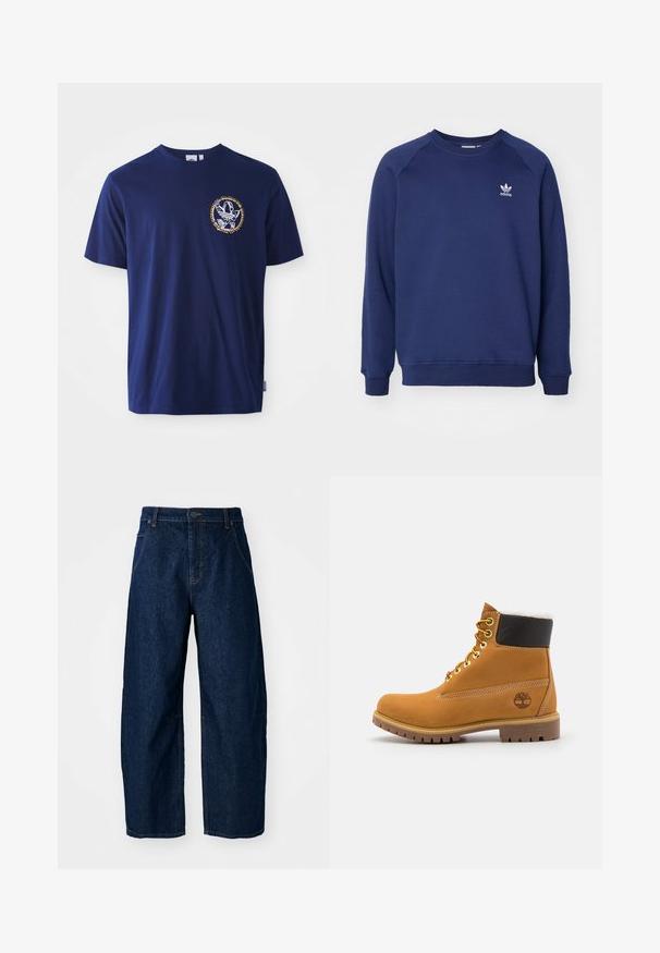 Tumesinine dressipluus pehmest kangast, millel on ümmargune kaelus, raglanvarrukad ja väike valge adidas logo rinnal.; Tumesinine puuvillane t-särk lühikeste varrukatega, millel on vasakul rinnal ümmargune logo valge ja kollase värviga. Lihtne, mugav disain.; Laiad tume denim püksid kõrge vöökohaga, viis taskut, ees nööpidega sulgemine ja nähtavad õmblusdetailid.; Pruun nahast pahkluu saabas metallist silmadega, valge karvane vooder, must pehmendatud krae, robustne tallal ja küljes reljeefne logo.