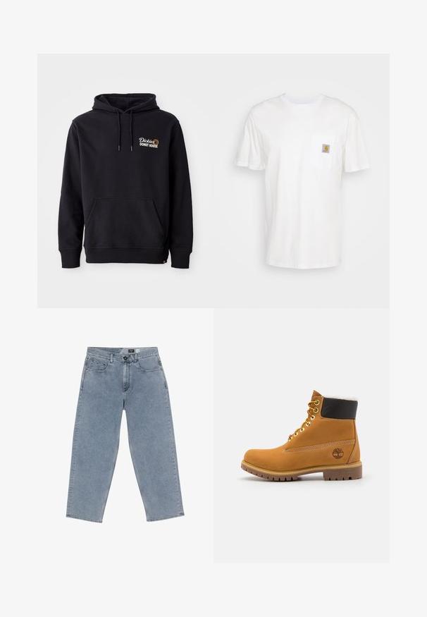 Zwarte hoodie van een katoenmix, met een voorzak, ribbelkanten manchetten en een geborduurd logo op de linkerborst.; Witte katoenen t-shirt met korte mouwen, een borstzak en een klein vierkant logo-opdruk in oranje en wit op de zak.; Lichtblauwe denim wijde jeans met een knoopsluiting, vijf zakken en recht afgesneden benen. Zachte textuur, minimale vervaging en nette stiksels.; Bruine leren enkellaars met metalen oogjes, witte faux bont voering, zwarte gewatteerde kraag, robuuste zool en een reliëflogo aan de zijkant.