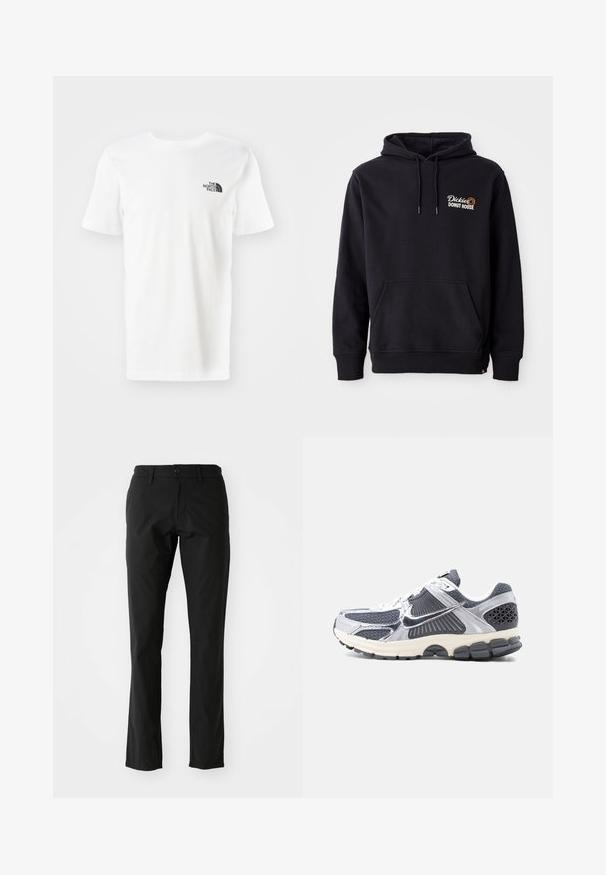 Sudadera negra de tejido de mezcla de algodón, con un bolsillo frontal, puños acanalados y un logo bordado en el lado izquierdo del pecho.; Camiseta de algodón de manga corta blanca. Presenta un pequeño logo negro en el lado izquierdo del pecho. Bajo recto y cuello redondo.; Pantalones negros confeccionados en una tela ligera, con un diseño de pierna recta, cierre frontal con botón y bolsillos laterales. Textura suave.; Zapatilla deportiva para hombre de color gris y blanco con paneles de malla, superposiciones plateadas reflectantes, cordones blancos y suela negra texturizada, vista lateral.