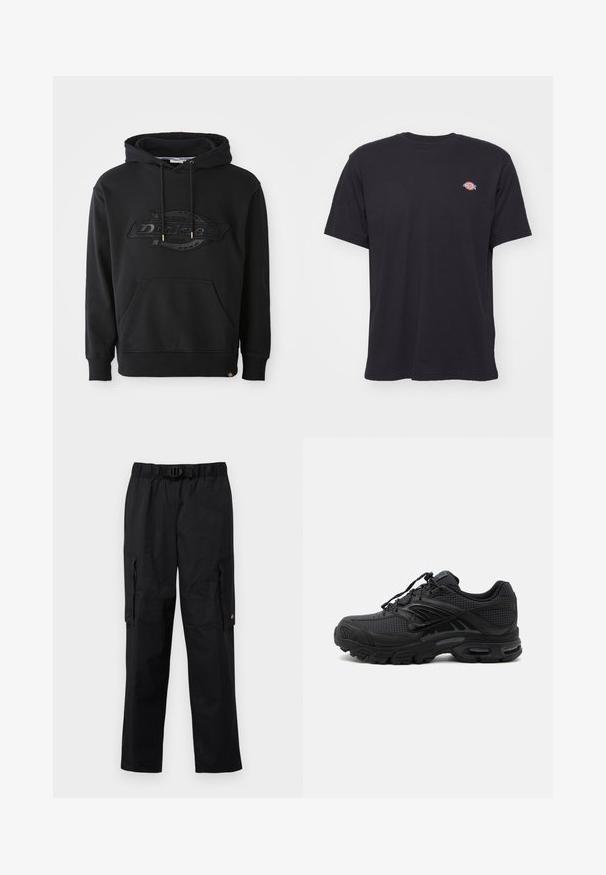 Schwarzer Kapuzenpullover aus Baumwollmischung, mit geprägtem Logo, verstellbaren Kordeln und Fronttasche. Gerippte Bündchen und Saum.; Schwarzes T-Shirt mit kurzen Ärmeln und Rundhalsausschnitt, mit kleinem buntem Dickies-Logo auf der linken Brust vor einfarbigem Hintergrund.; Schwarze Cargo-Hosen mit elastischem Bund, verstellbarem Gürtel, mehreren Seitentaschen und einer glatten, leichten Stoffbeschaffenheit.; Schwarzer athletischer Sneaker mit strukturiertem Stoff, dicker gepolsterter Sohle, Luftauslässen und Schnürverschluss, von der Seite auf hellem Hintergrund gezeigt.