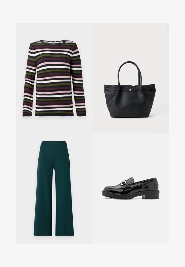 Suéter de manga larga a rayas en navy, burdeos, verde, rosa y blanco. Textura de canalé con cuello redondo y mangas ajustadas.; Pantalones de pierna amplia en tela de color verde oscuro. Presentan una cintura alta, pliegues frontales y trabillas para el cinturón. Textura suave y diseño a medida.; Mocasines de charol negro con un bajo tacón cuadrado, que presentan una prominente hebilla en tono dorado y una suela texturizada con relieve.; Bolso tote de cuero negro texturizado con dos asas redondeadas y un pequeño detalle de broche dorado en el frente sobre un fondo liso.