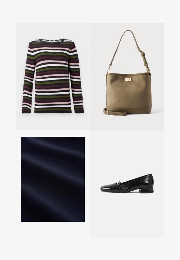 Stribet langærmet sweater i marineblå, burgundy, grøn, lyserød og hvid. Ribbet tekstur med rund halsudskæring og tætsiddende ærmer.; Mørk navyblåt glat stof med bløde folder og subtil tekstur, der antyder et let og fint materiale.; Sorte patentlæder balletflade med spids tå, lav firkantet hæl og en lille metallisk spænde detalje på remmen. Glat tekstur.; Olivengrøn bucket-taske med justerbar skulderrem og guldfarvet drejelås foran.