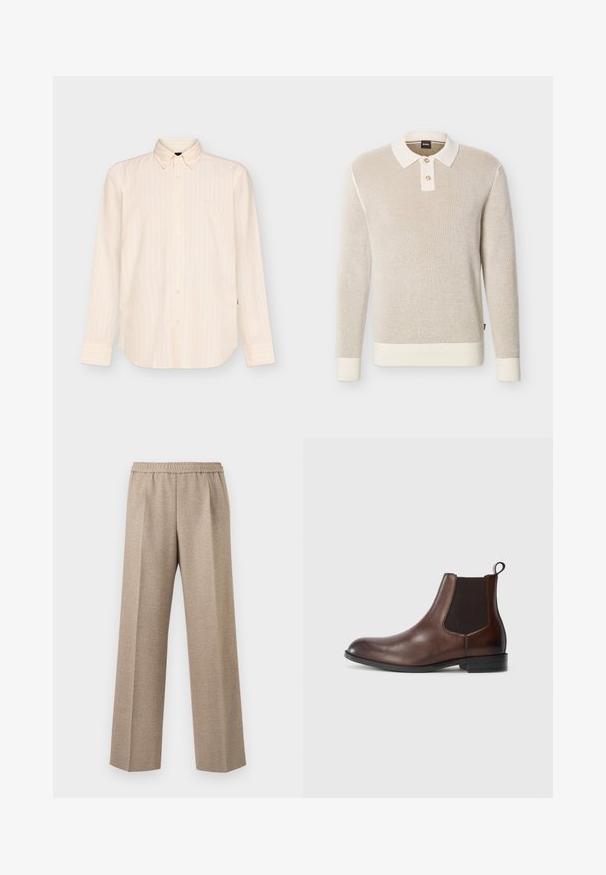Pull polo beige en maille texturée à manches longues avec col blanc, deux boutons, poignets et ourlet côtelés.; Chemise beige à manches longues boutonnée avec des rayures verticales subtiles et un col classique, présentée sur un fond clair uni.; Pantalon beige à jambe droite avec taille élastique et plis marqués sur le devant de chaque jambe.; Bottines Chelsea en cuir marron avec des panneaux élastiques sur les côtés, bout arrondi, languette de tirage et un léger talon avec une semelle texturée.